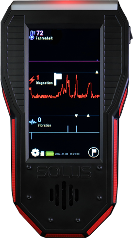 Solus graphing logger for ghost hunting showing device and graphed data on color screen